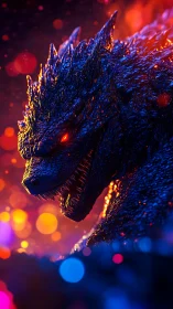 Bioluminescent kaiju profile under neon bokeh firelight.