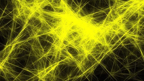 High-density neon filament network on dark negative space field.