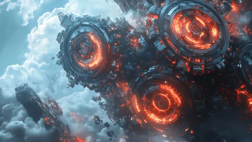 Gigantic molten ringed machines drift within dense clouds.