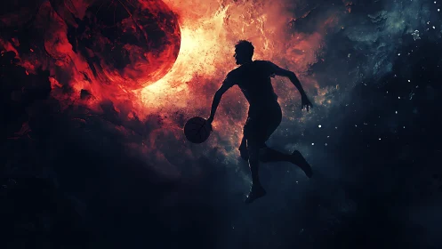 Cosmic basketball dreamer leaping through fiery starlight.