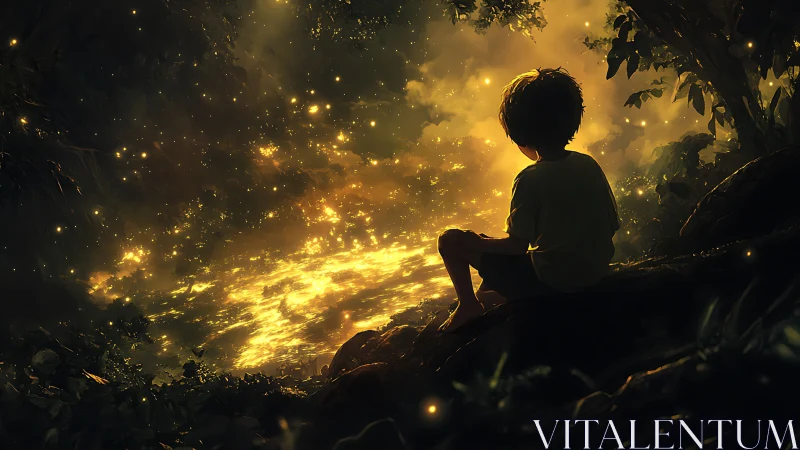 Child at the glowing forest pond of quiet, golden wonder.