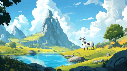 Pastoral mountain valley with reflective river and grazing cow.