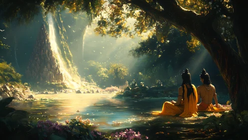 Mythic river meditation under volumetric forest skylight.