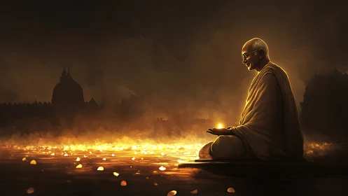 Monk holds glowing light above river of floating embers.