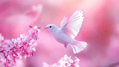 White Dove in Flight Among Pink Blossoms.