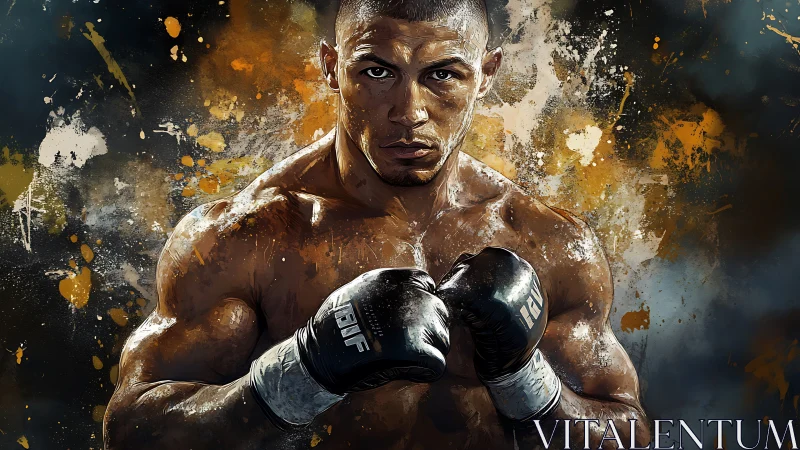 Athlete in boxing stance with black gloves and muscular physique.