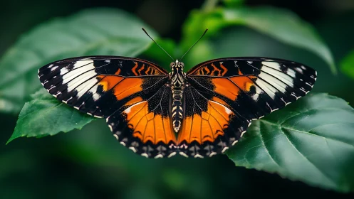 Vibrant orange black butterfly rests calmly on lush leaves
