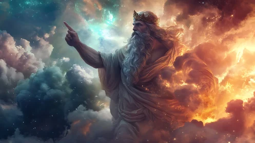 Mythic sky god commanding swirling celestial stormscape.