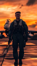 Fighter pilot strides toward camera against dramatic sunset sky