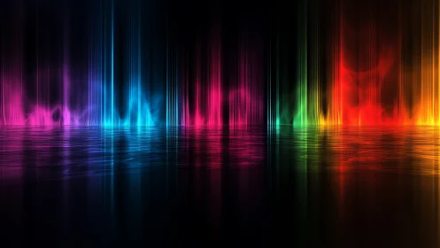 Vertical spectrum light reflections over dark water surface.