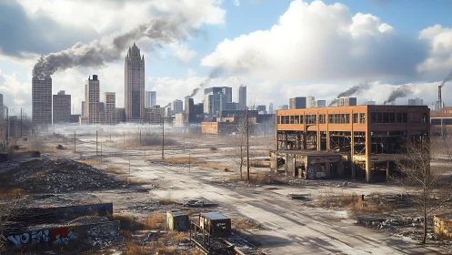 Postindustrial skyline with derelict factory and smoky high-rises