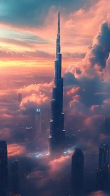 Tall central skyscraper extends above dense illuminated clouds