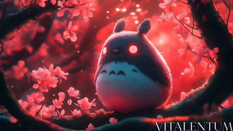 Fur-textured forest creature sits among dense red foliage