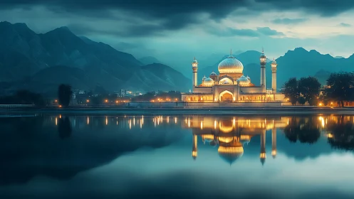 Moonlit domes hum quietly above a lake of doubled dreams