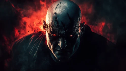 Fiery-eyed dark warrior emerging from swirling crimson smoke.