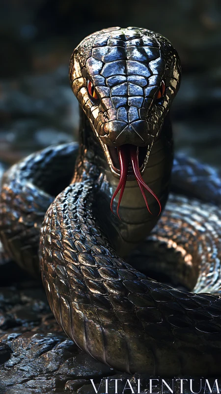 Curious serpent poised on wet stone with gleaming scales.