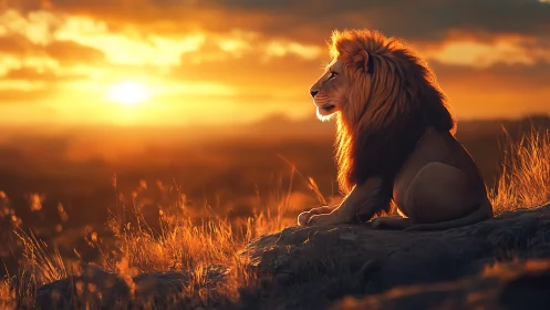 Lion king in blazing savanna sunset glow on rocky rise.