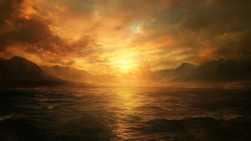 Atmospheric seascape sunset with mountainous coastal silhouettes