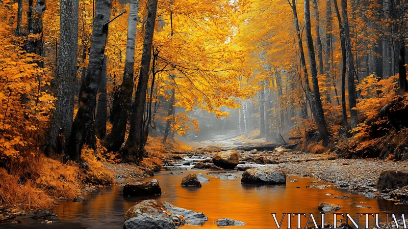 Golden Autumn Forest Stream with Mist and Reflected Light
