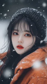 Winter portrait of young woman in orange parka, light snowfall