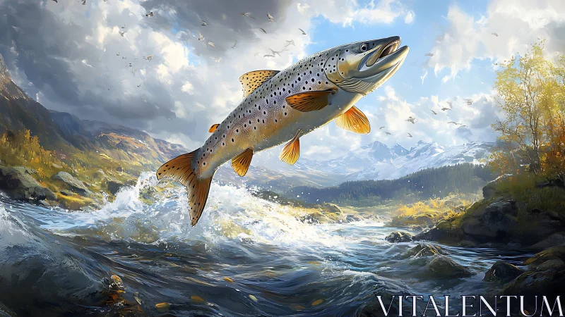Leaping trout over sunlit alpine river in vivid detail.