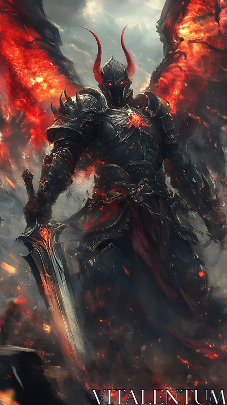 Infernal armored demon rises amid fire and burning skies