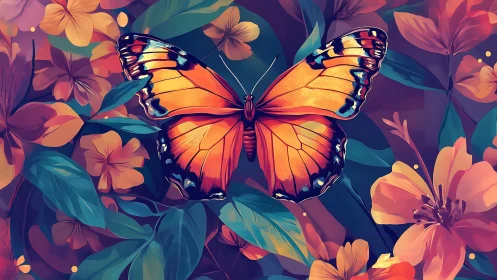 Vibrant orange butterfly spans stylized floral field in digital art