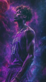 Male basketball player stands in neon-lit, smoke-like environment