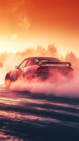 Drift car in blazing sunset haze on slick wet asphalt.