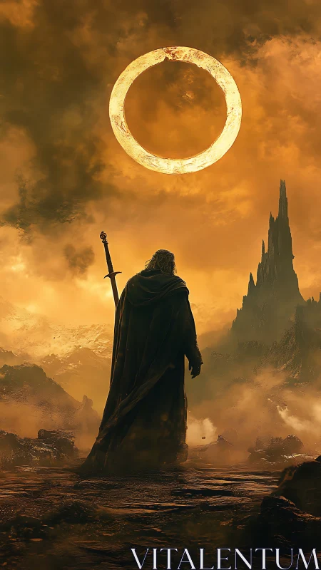 Cloaked warrior beneath burning ring in volcanic wasteland.