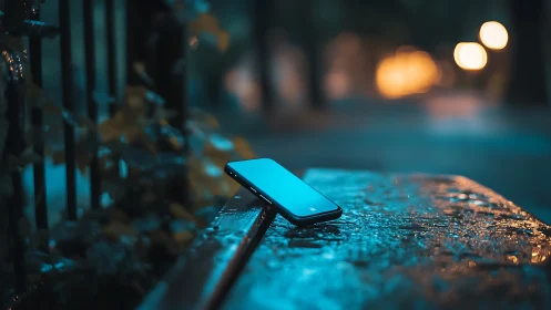 Smartphone placed on wet surface under urban evening lighting