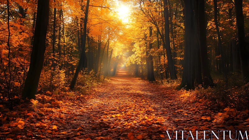 Golden Autumn Forest Path Glowing in Warm Sunlight