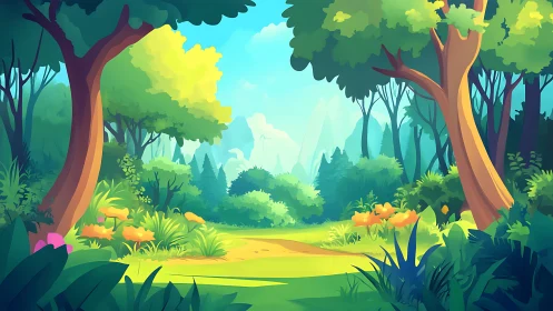 Forest clearing with towering trees and filtered sunlight.