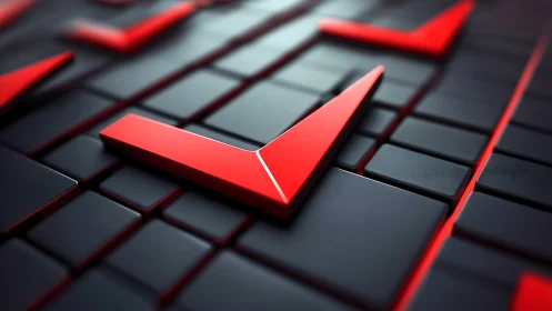 Red check mark elements on dark geometric tile surface.