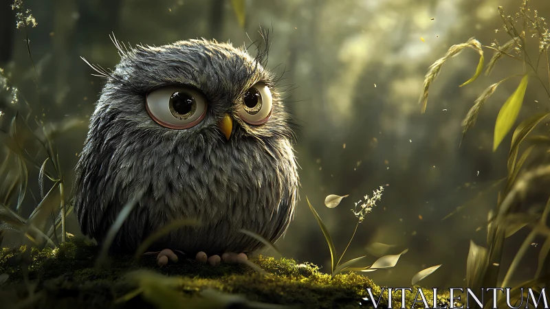 Adorable fluffy owl in enchanted forest, digital art style.