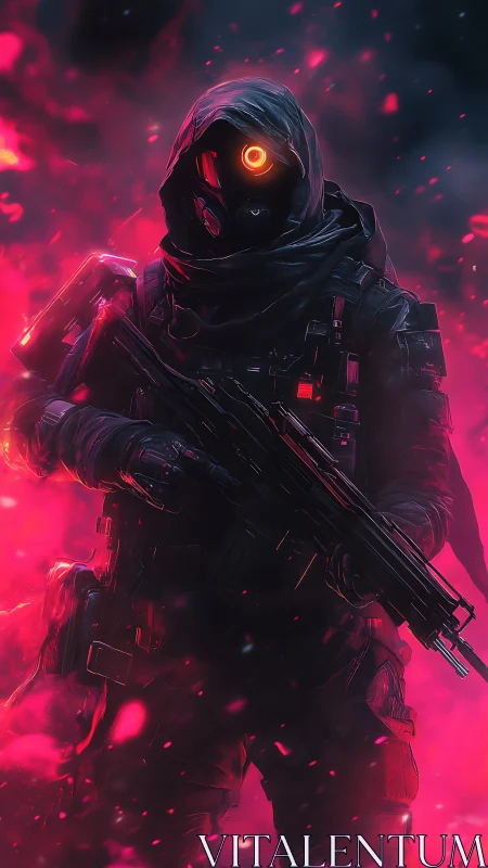 Hooded cyborg soldier stands in red smoke with rifle raised