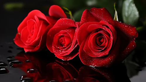 Red roses with water droplets on dark surface.