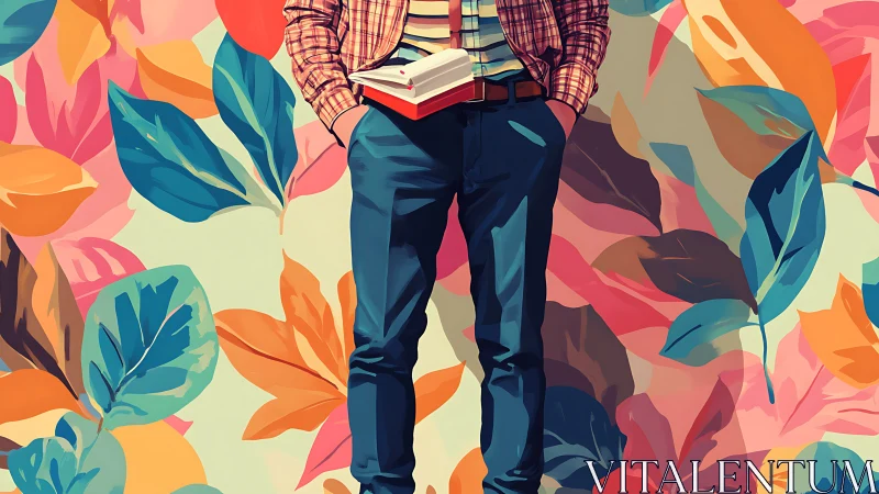 Standing figure with books against stylized multicolor foliage