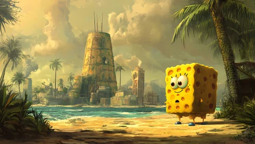 Cartoon sponge figure observes industrial shoreline scene