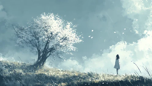 Solitary figure observing tree on open grassy hillside.