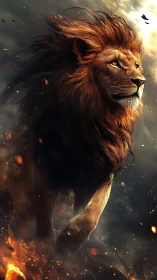 Majestic lion strides through embers under storm-lit sky.