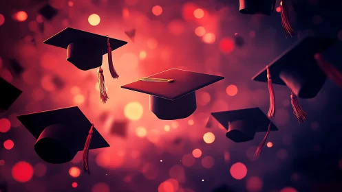 Graduation caps appear suspended against defocused red lights