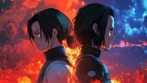 Dual anime warriors stand back to back amid fire and storm