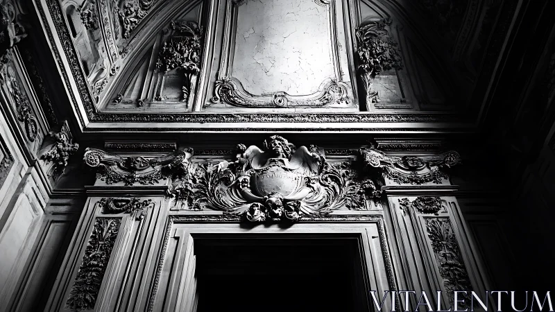 Ornate baroque doorway and ceiling in dramatic shadow.