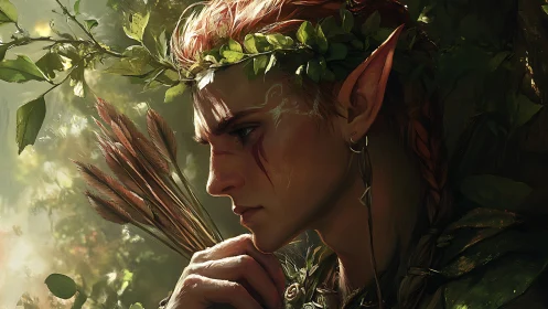 Forest elf archer pauses in calm sunlight and quiet thought