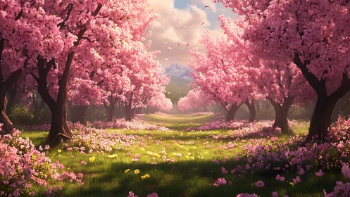 Blossoming cherry tree avenue under warm spring sunlight.