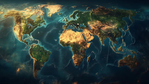 Sunlit world map glows with detailed continents and oceans