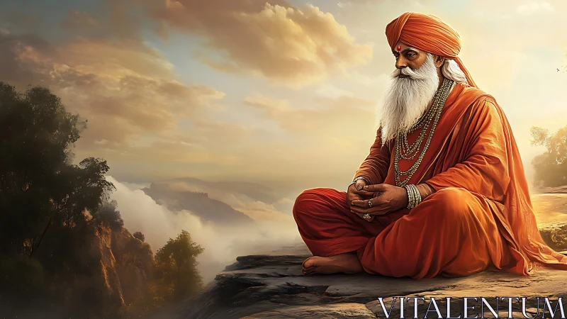 Mountain mystic in sunrise meditation above drifting clouds.