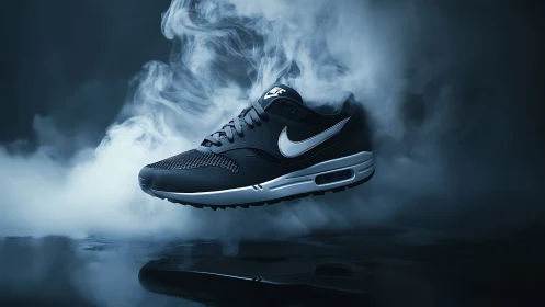 Nike running sneaker in dramatic smoky studio lighting.
