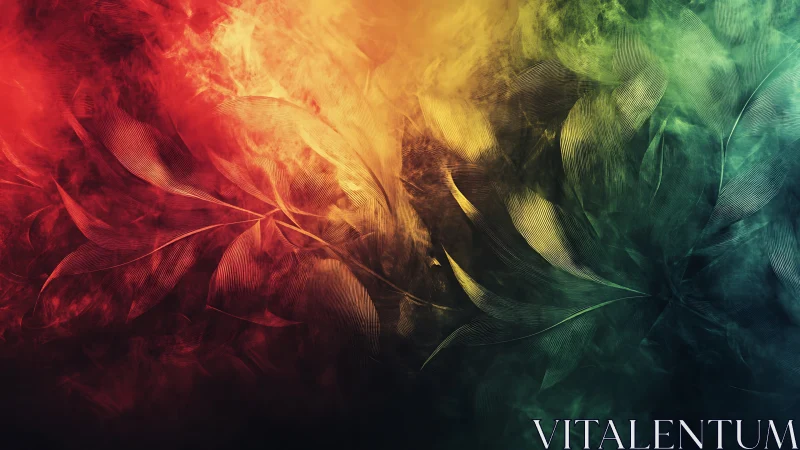 Luminous gradient leaves in swirling abstract smoke field.